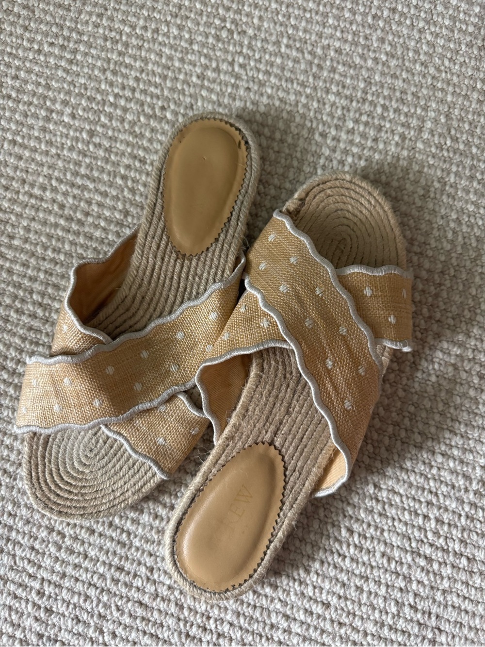 J. Crew Tan Woven Ruffle Slide Sandals with White Dots